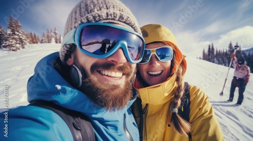 A couple captures a fun moment on a ski slope with a selfie. Perfect for social media posts or travel blogs