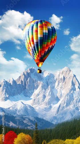A hot air balloon over a snow covered mountain