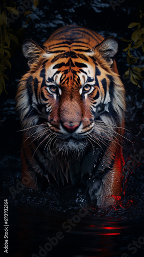 A tiger looking into the camera in the dark  in the style of dark gray and red
