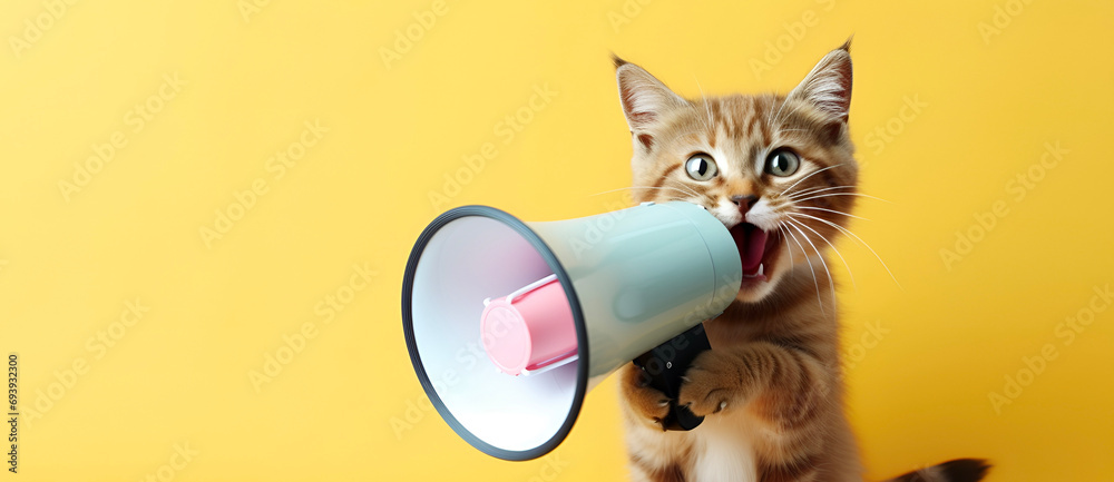 Fototapeta premium Cat announcing using megaphone. Notifying, warning, announcement.