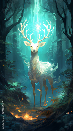 A white deer standing in a forest, in the style of light gold and light emerald