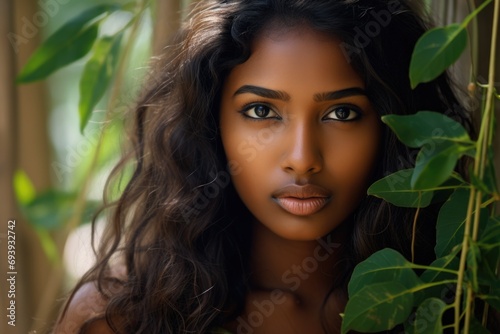 Closeup portrait of beautiful young african american woman with green eyes