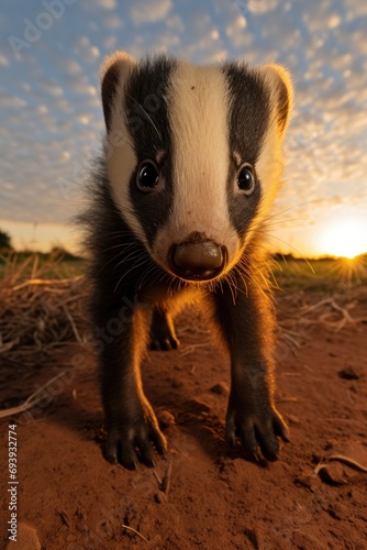 A cute baby badger cub standing in the dirt. Perfect for nature and wildlife themes