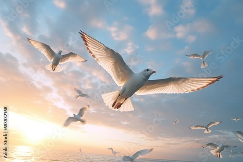 Seagulls flying gracefully over the ocean during a breathtaking sunset. Perfect for beach-themed designs and travel-related projects © Fotograf