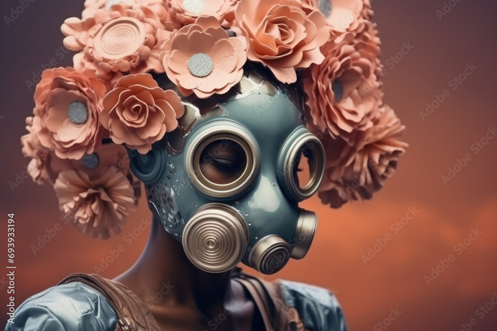 Woman wearing a gas mask with flowers on her head. Woman wearing a gas mask with flowers on her head.