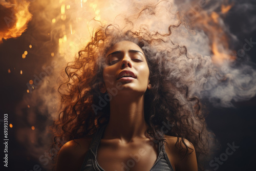 Portrait of a beautiful young woman with long curly hair blowing smoke