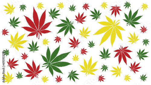 Cannabis leaves illustration texture rasta colors background wallpapers banner. Red yellow green marijuana leaf template design art blank pattern