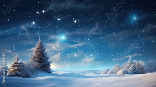 Fantastic winter landscape with christmas tree. 3D rendering. Christmas background with christmas tree, snow and stars. Beautiful christmas night. Generative Ai