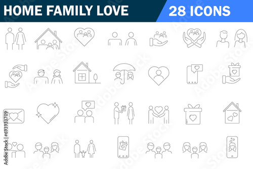 Set of 28 outline icons. Family love, children, relationship. Vector illustration