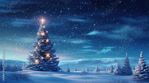 Fantastic winter landscape with christmas tree. 3D rendering. Christmas background with christmas tree, snow and stars. Beautiful christmas night. Generative Ai © Nakron