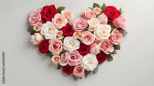 Heart shape of red, white and pink roses on white background.