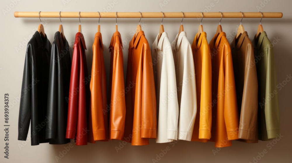 A stylish wall of leather jackets hangs in a closet, creating a fashionable line that exudes a sense of sophistication and adventure