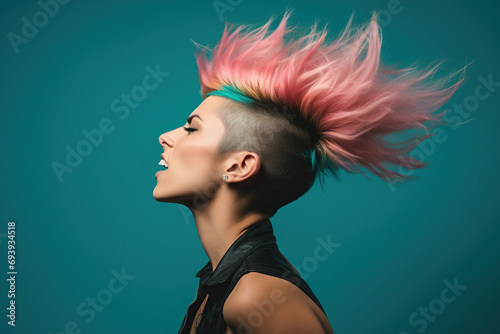 Girl with pink mohawk hairstyle screaming. Generative Ai photo