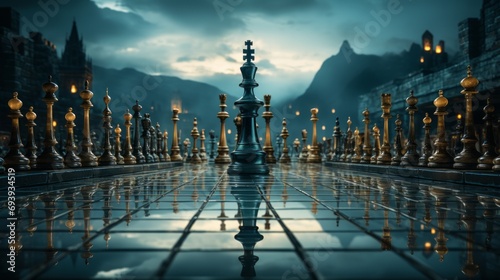 A solitary chess piece stands on a wet floor, its reflection a lonely reminder of the bustling city below, illuminated by the night sky and the glowing lights of towering skyscrapers photo