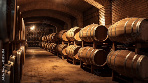 Wine cellar filled with wine barrels, wine bottles