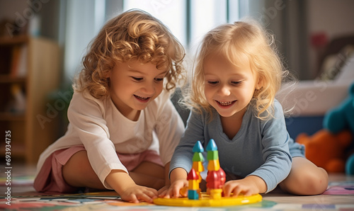 Little blonde girls have fun  laugh and indulge playing board game.