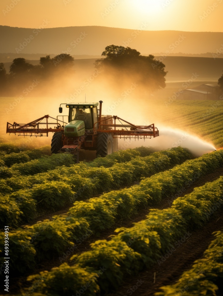 Fototapeta premium Tractor Spraying Pesticides on Soy Field