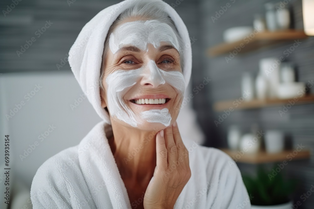 A beautiful elderly gray-haired woman with a cosmetic nourishing moisturizing mask on her face smiles on gray background. Facial skin care concept, beauty, care, cosmetology A beautiful elderly gray-haired woman with a cosmetic nourishing moisturizing mask on her face smiles on gray background. Facial skin care concept, beauty, care, cosmetology