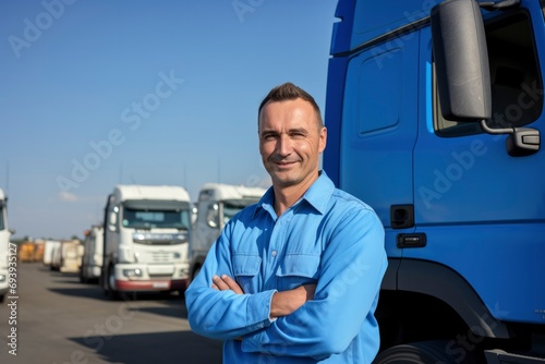 Handsome male truck driver smiles, looks at camera against the background of his heavy-duty truck. Cargo transportation concept, goods delivery, professional truck driver, large vehicle