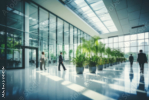 Blurred background business people walking in the hall of modern glass office, business center, shopping center, bank. Business concept, modern interior with living green plants. Eco style