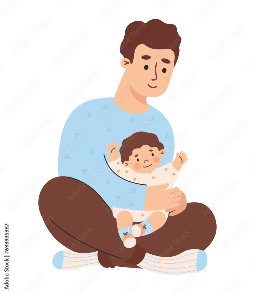 Happy man father with small child. Vector illustration in flat style. Happy man father with small child. Vector illustration in flat style.