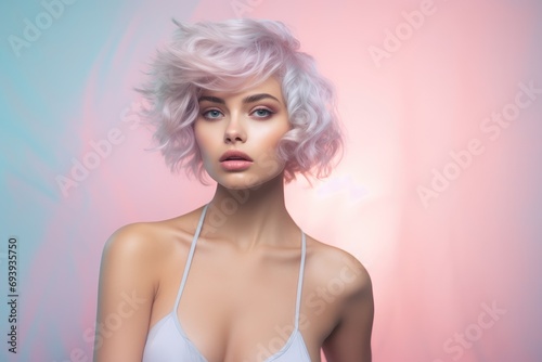Transexual model in a dreamy pastel-toned photoshoot.