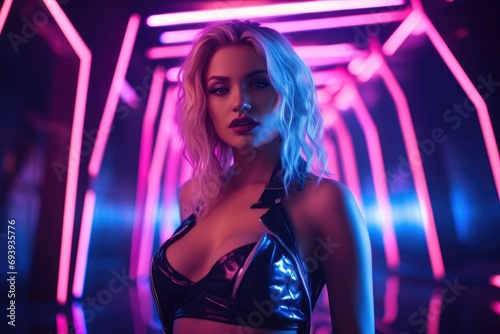 Transexual model in a futuristic cyberpunk setting  neon lights.
