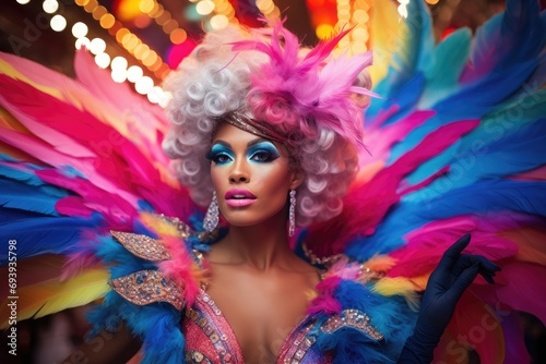 Transexual model in a vibrant carnival setting, festive attire.