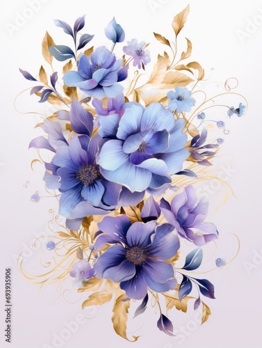 Decorative Composition  Floral Branch in Violet and Blue Colors