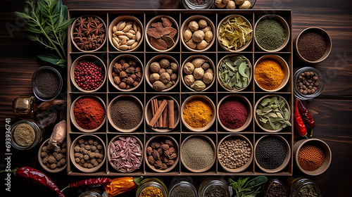 Assorted Spices and Herbs in Wooden Boxes, Top View photo