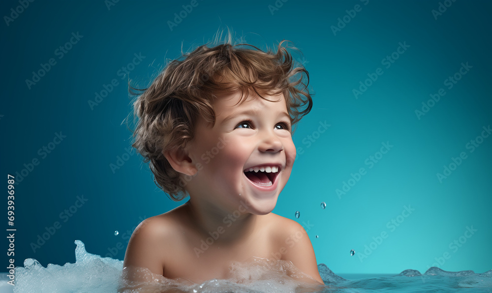 happy child bathing in the bath on blue background