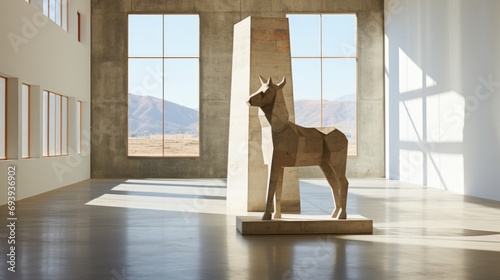 A majestic horse statue stands tall in a sunlit museum room, its intricate details and lifelike presence captured by the windows on the wall and reflected on the polished floor © Envision