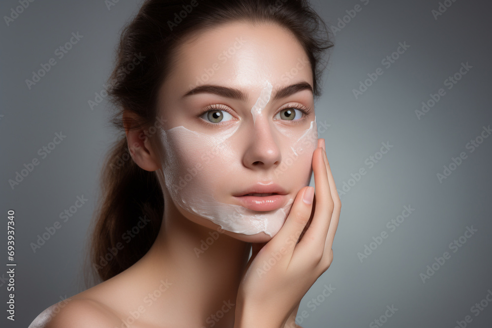 Young woman applies skin care cream to her face, Generative Ai
