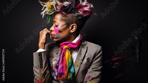 Person with an original colorful hairstyle posing on a monochromatic background. photo