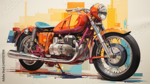 Vibrant digital artwork showcasing an orange and blue motorcycle with chrome accents. Its streamlined design, wide curved handlebars, and knobby tires suggest it is an off-road bike photo