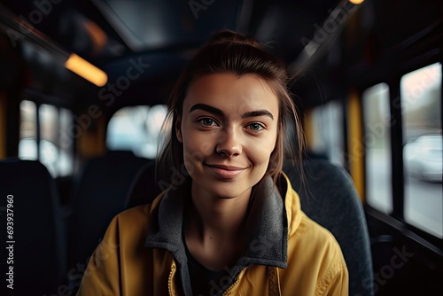 Portrait of smiling happy teenage girl in school bus. © wildarun