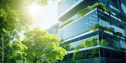 A tall building with a picturesque view of trees in the foreground. Perfect for architecture enthusiasts or nature lovers looking for a unique urban landscape.