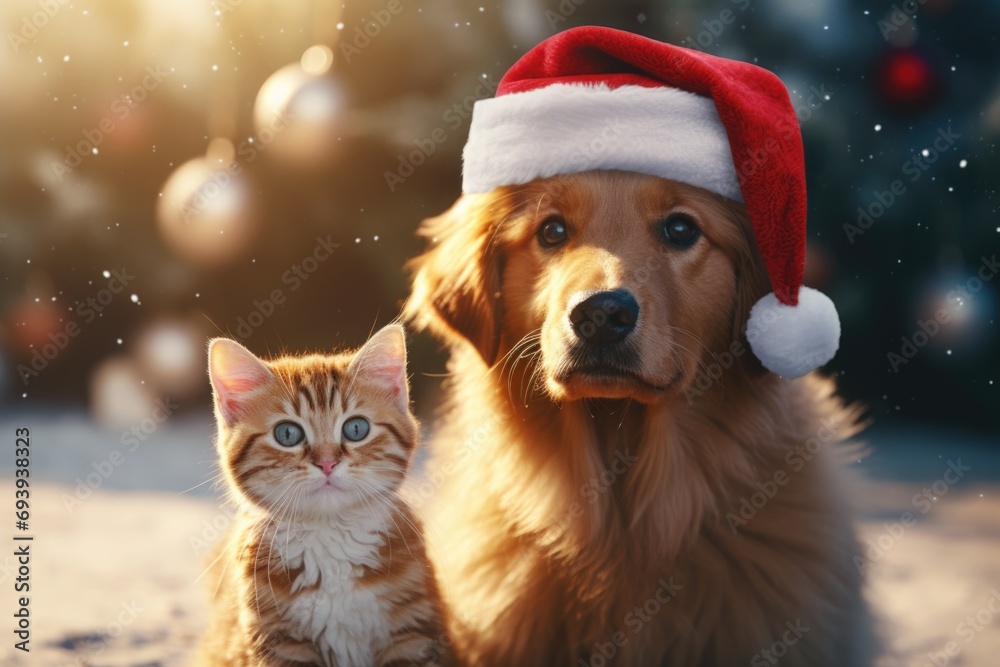A dog and a cat are pictured sitting together in the snow. This image can be used to depict friendship, companionship, or winter scenes