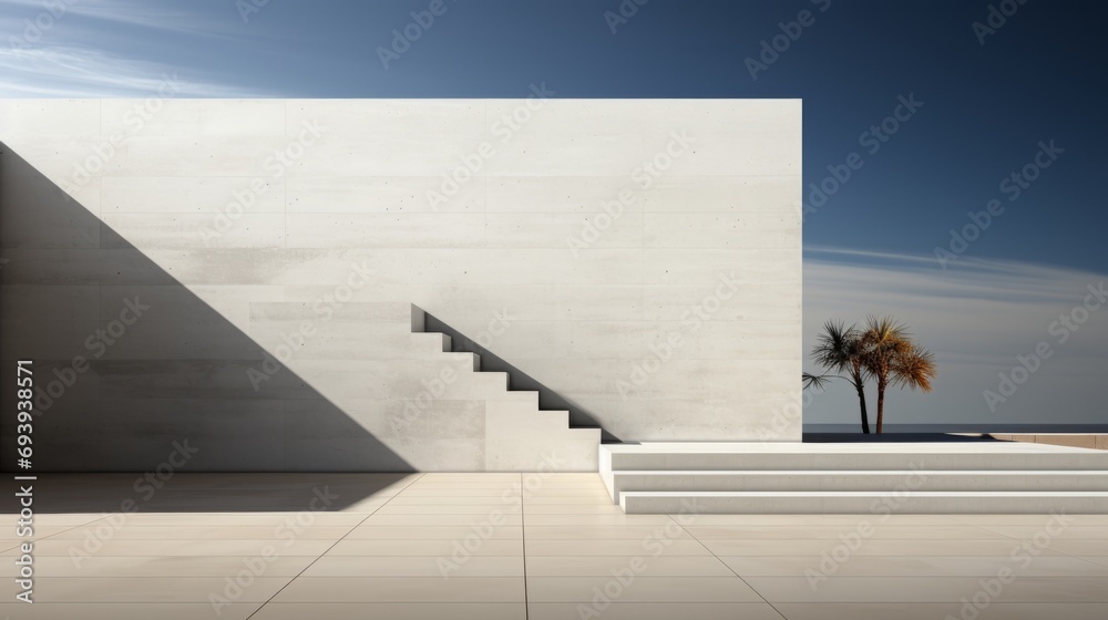 Fototapeta premium Amidst the endless blue sky, a majestic white building stands tall, its intricate architecture adorned with a solitary palm tree and a grand staircase, a harmonious blend of art and nature