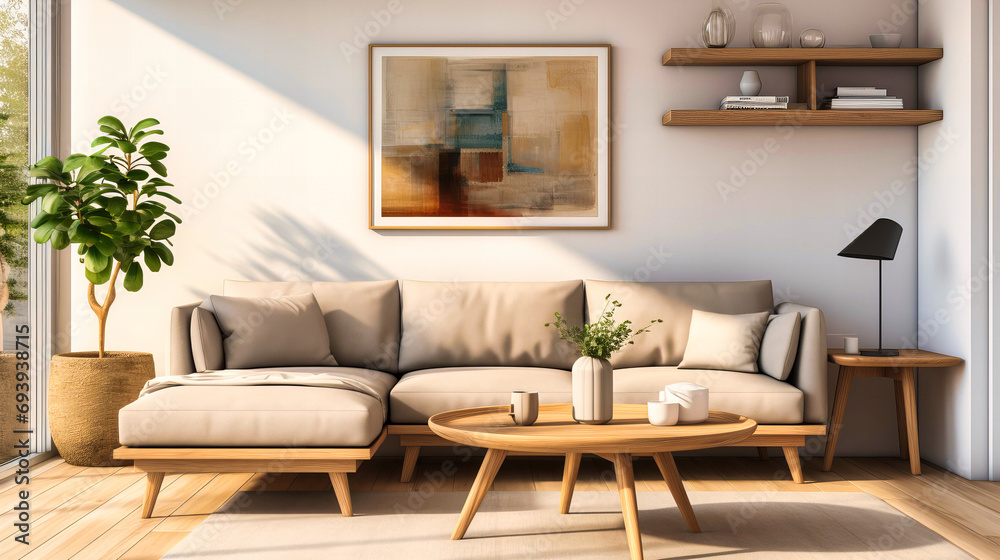 Fototapeta premium Modern Minimalist Living Room with Beige Sofa, Wooden Accents, and Green Potted Plant