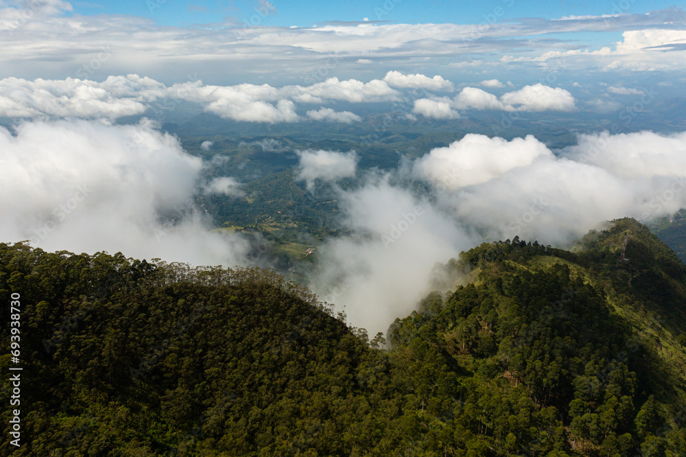 Aerial view of mountains with forest and valley with agricultural land. Sri Lanka, Lipton's Seat.