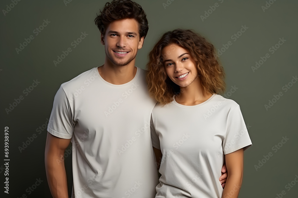 Two hipster models man and woman wearing blank t-shirt, posing against white wall, front tshirt mockup for couple Two hipster models man and woman wearing blank t-shirt, posing against white wall, front tshirt mockup for couple