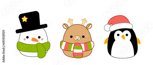 Snowman, deer in scarf, penguin in christmas hat. Squishmallow. Pillow. Cartoon, kawaii, vector