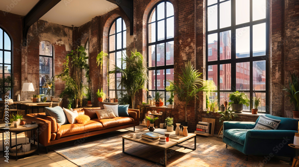 Urban Oasis: Exposed Brick, Arched Windows, Plush Sofas, and Abundant Indoor Greenery in Sunlit Loft Urban Oasis: Exposed Brick, Arched Windows, Plush Sofas, and Abundant Indoor Greenery in Sunlit Loft