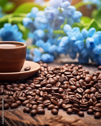 Brown cup of coffee on the table with blue spring flowers on blurry background. Coffee beans. Design for breakfast menu, cafe, spring offers