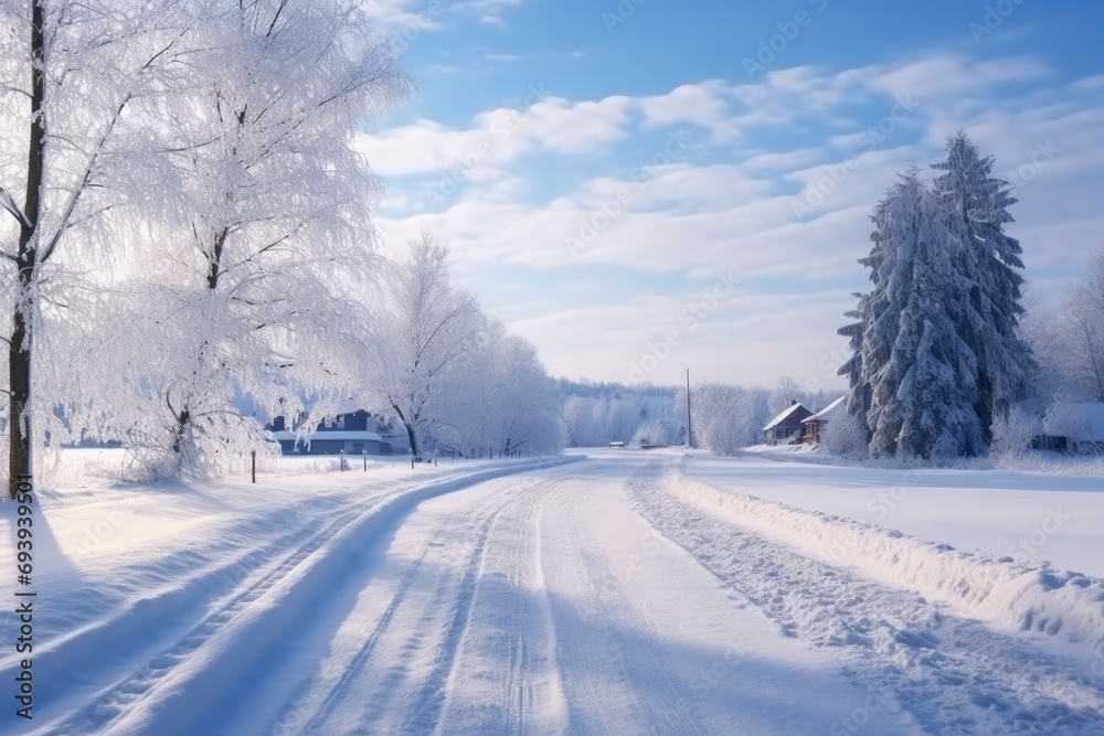 A winter scene of a snow-covered country road with trees in the background. This image can be used to depict a serene winter landscape or as a background for holiday-themed designs