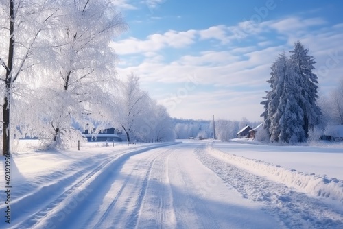 A winter scene of a snow-covered country road with trees in the background. This image can be used to depict a serene winter landscape or as a background for holiday-themed designs