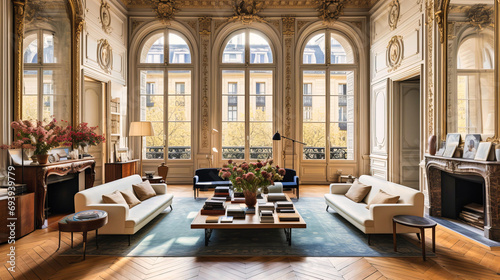 Classic Parisian Apartment Living Room with Ornate Moldings and Herringbone Wood Floors photo