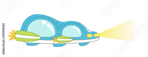 Blue space car. Spaceship with green headlight and turbines. Cartoon, vector
