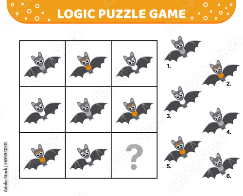 Logic puzzle game. Bat. For kids. Cartoon, flat